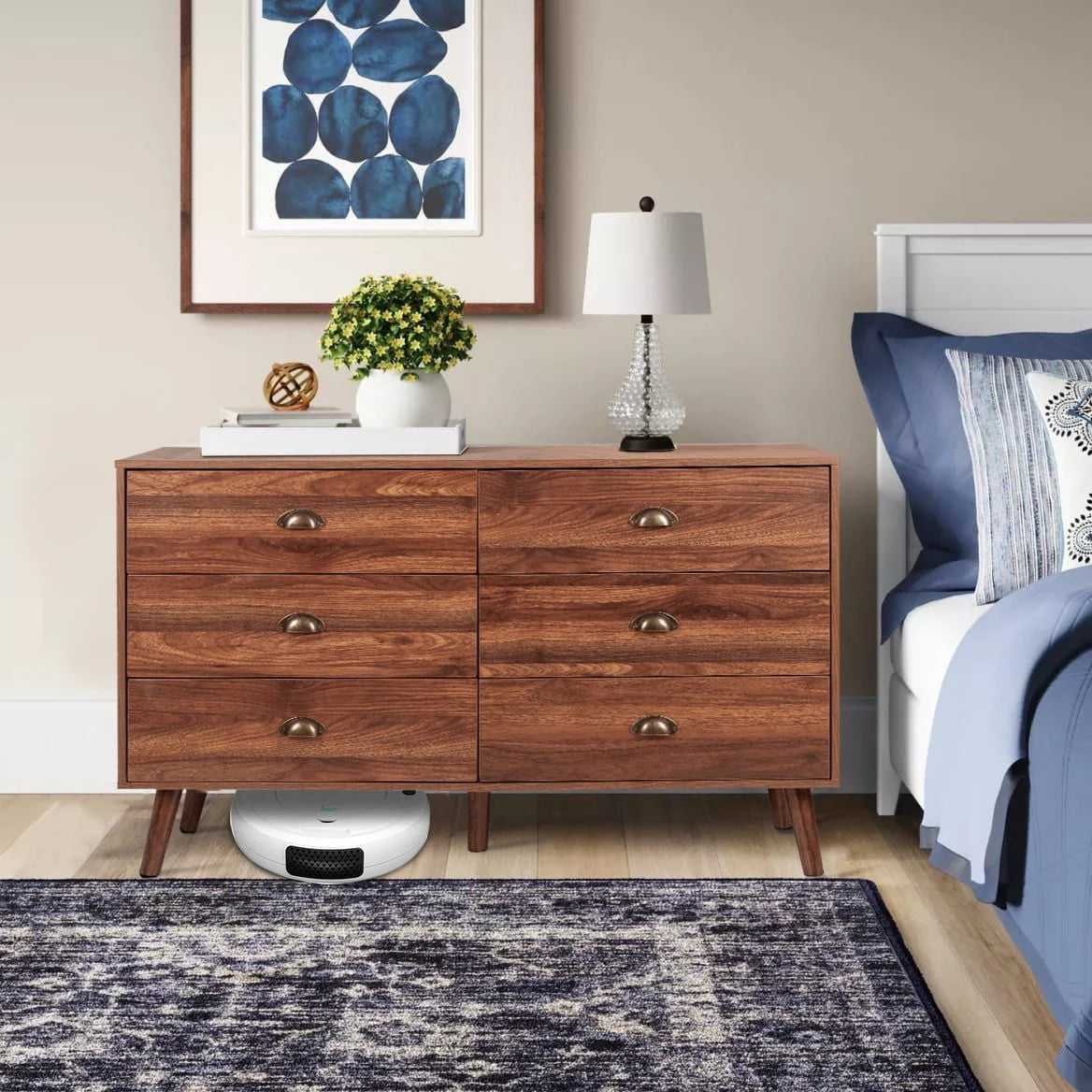 Polar Aurora Wood Dresser for Bedroom with 6 Drawers, Mid Century Modern Chests of Drawer with Metal Handles