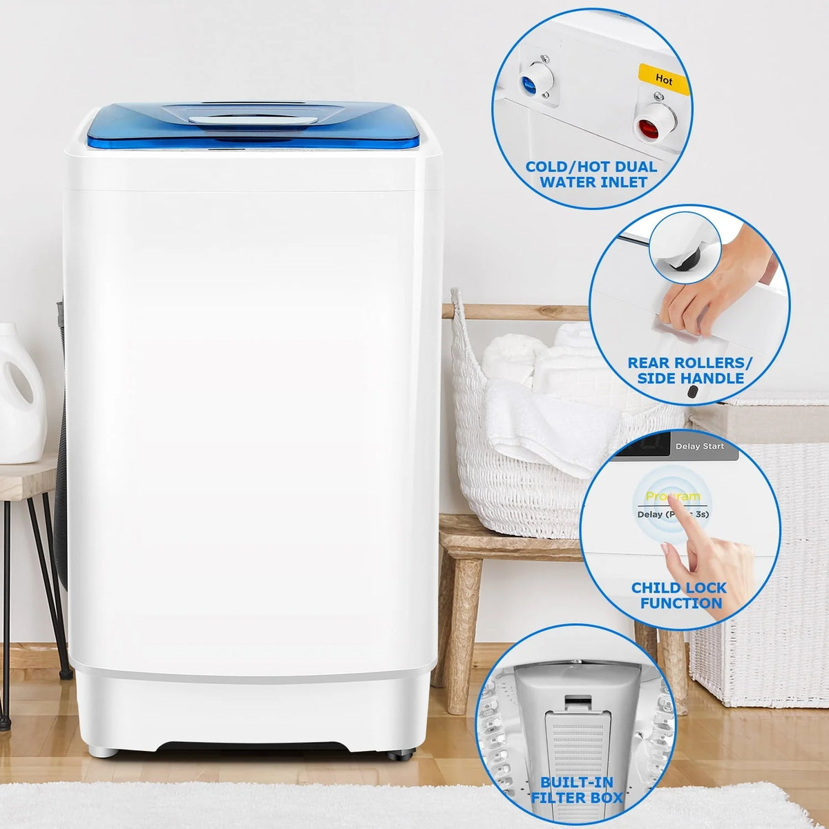 Tikmboex Fully Automatic Washing Machine, 17.8lbs Washer and Dryer Combo with Dual Inlets for Hot and Cold Water, Portable Washing Machine with LED Display & 1 Adjustable feet & Wheels