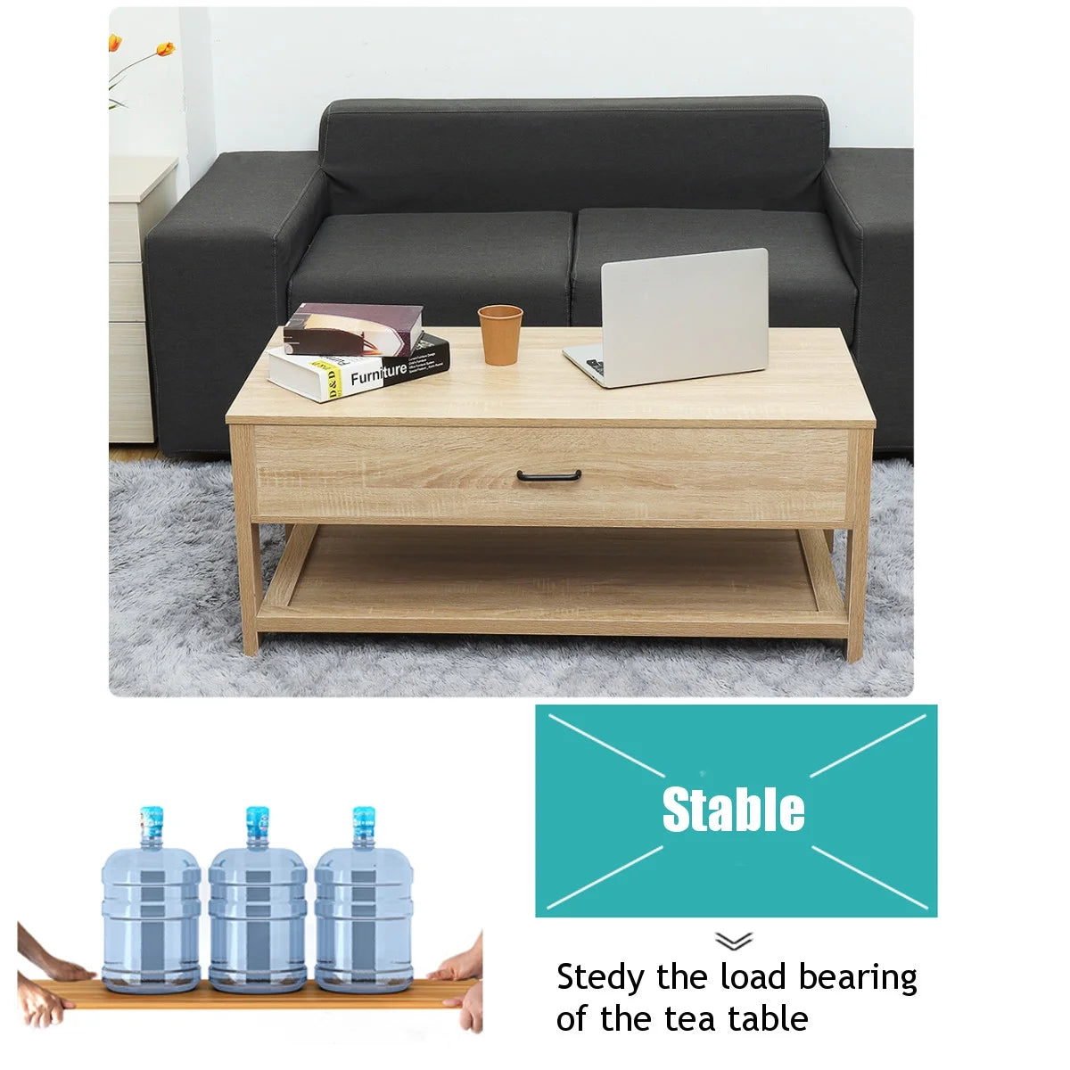 Hommpa LED Coffee Table Modern Side Tables High Gloss Black Cocktail Table with 2 Drawers Open Shelf for Living Room