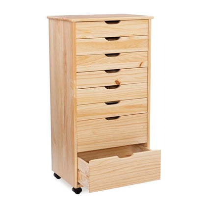 Linon Callie Eight Drawer Rolling Storage Cart in Natural Stained Wood