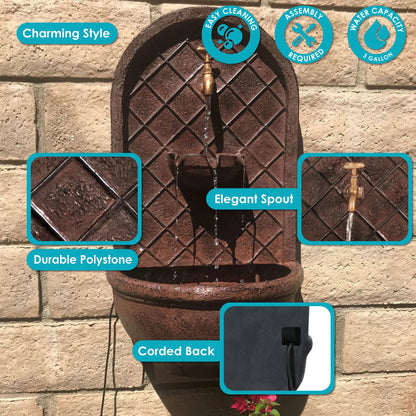 Sunnydaze Messina Polystone Outdoor Solar Wall Fountain, Bronze