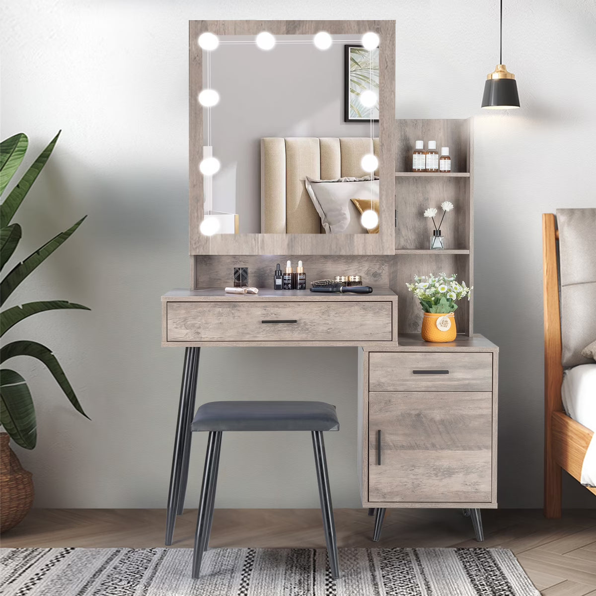 Kadyn Vanity Desk with Lighted Mirror, Vanity Table and Chair Set with 2 Drawers, Dressing Table Makeup Desk with 1 Door, Retro Gray