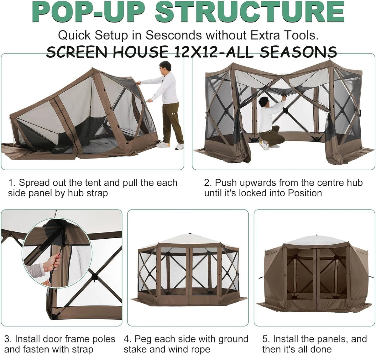 COBIZI 12x12 Pop Up Canopy Gazebo, Outdoor Canopy Tent Screen House with 5 sidewalls and Netting for Camping, Waterproof, UV Resistant, Ez Set-up Party Tent with Carrying Bag and Ground Stakes,Brown