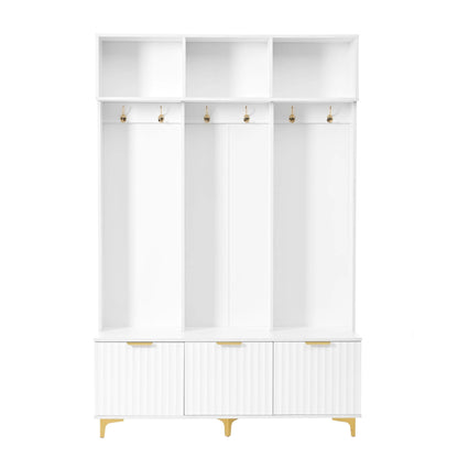 Euroco Modern Hall Tree with High Gloss Fluted Doors, Gold Accents, Shoe Storage & Bench a?? Entryway Organizer with Cubbies and Coat Hooks