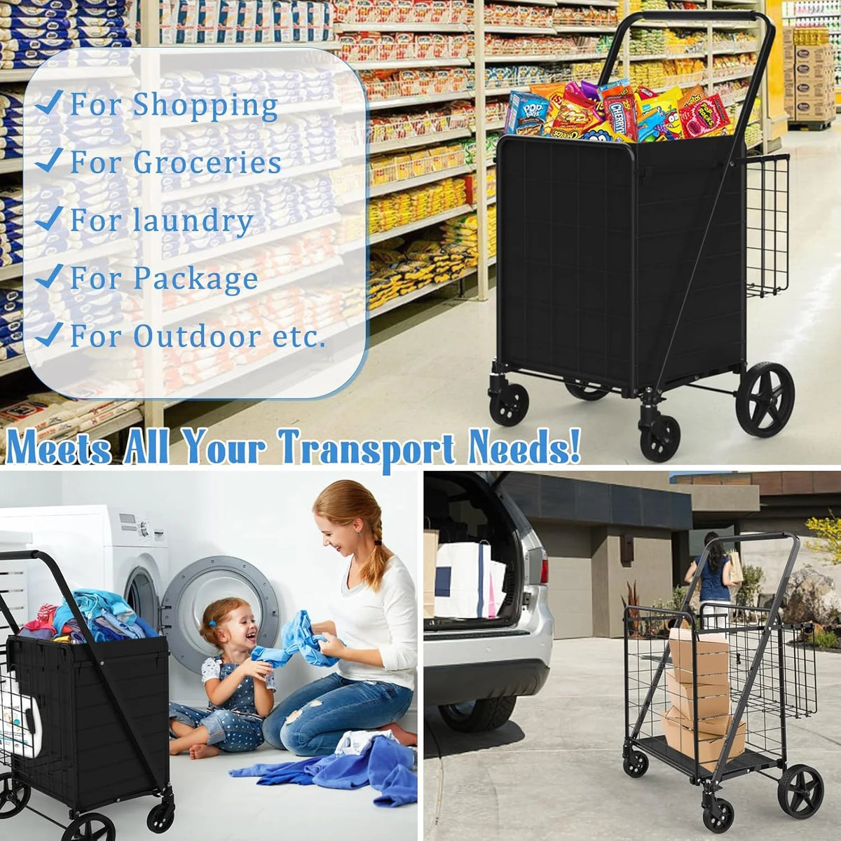 Heavy Duty Folding Shopping Cart for Groceries, Jumbo Double Basket with 360�� Swivel Wheels & Waterproof Bag, Portable Utility Cart for Shopping, Laundry, Holds Up to 320 LBS