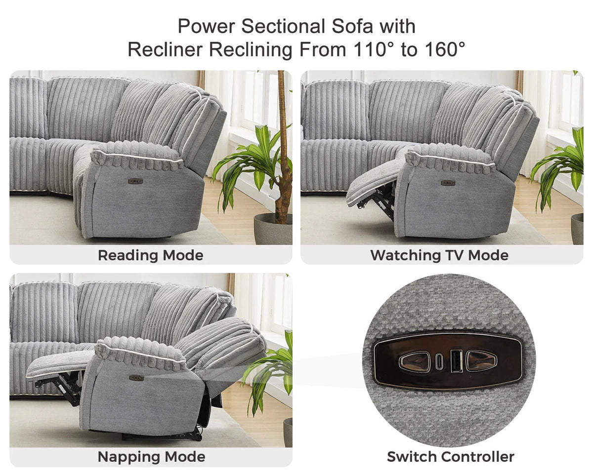 Power Reclining Sectional Sofa with Wireless Charger,6-Seater Faux Fur Sectional with Recliners,Hidden Cup Holders,Storage Console,USB & Type-C Ports,Black