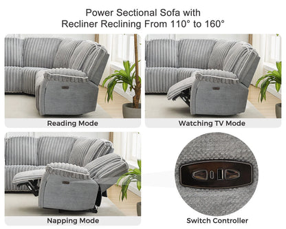 Power Reclining Sectional Sofa with Wireless Charger,6-Seater Faux Fur Sectional with Recliners,Hidden Cup Holders,Storage Console,USB & Type-C Ports,Black