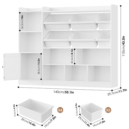 Hiphuta 55"In Kids Bookcase with Toy Storage Organizer, Wood Cube Bookcase Toy Chest of 8 Compartments & 6 Movable Bins, Bookshelf for Kids Bedroom, White