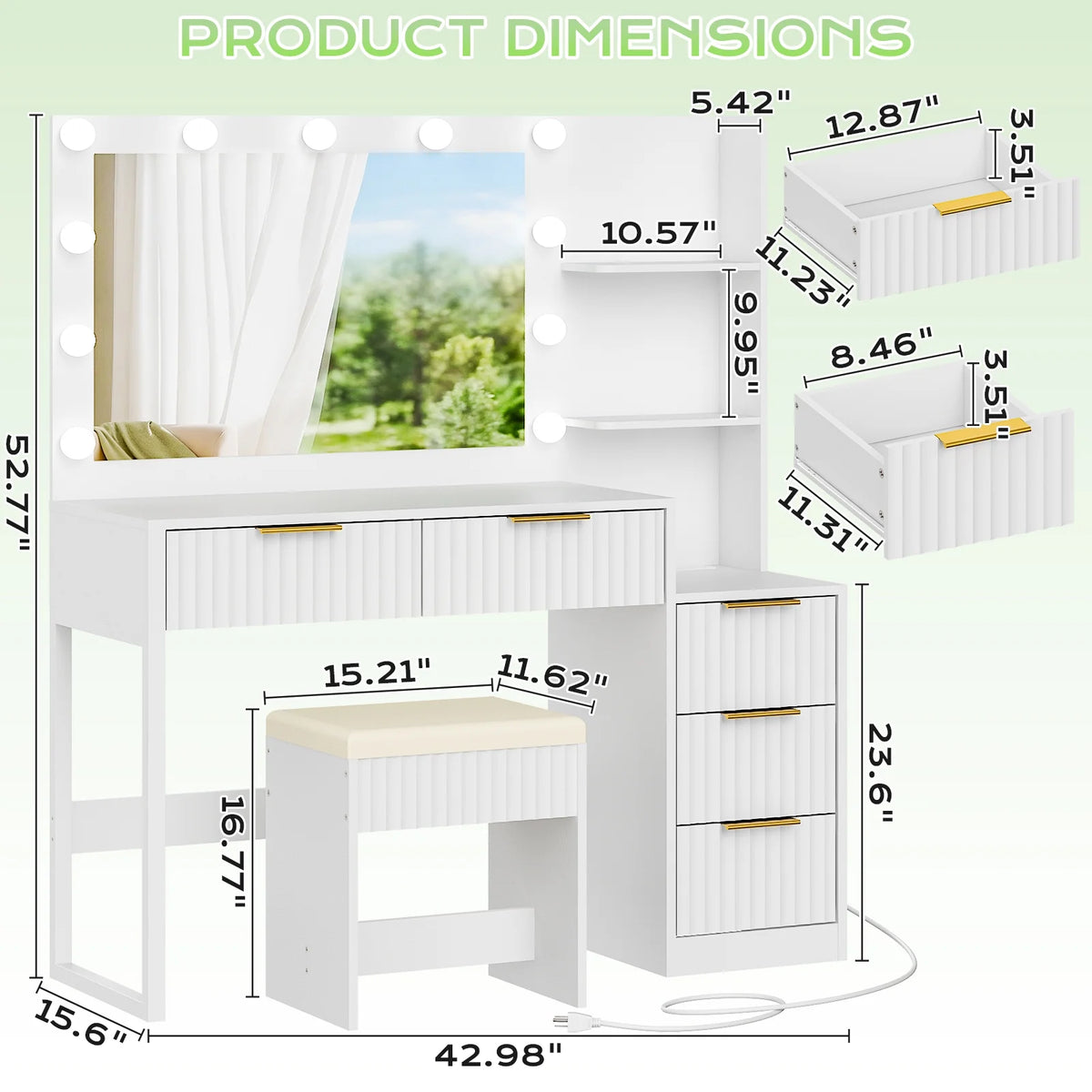 Ktaxon Flutted Makeup Vanity Table Set with 5 Drawer, Dressing Table w/Charging Station, Vanity Desk for Femal Gift, White