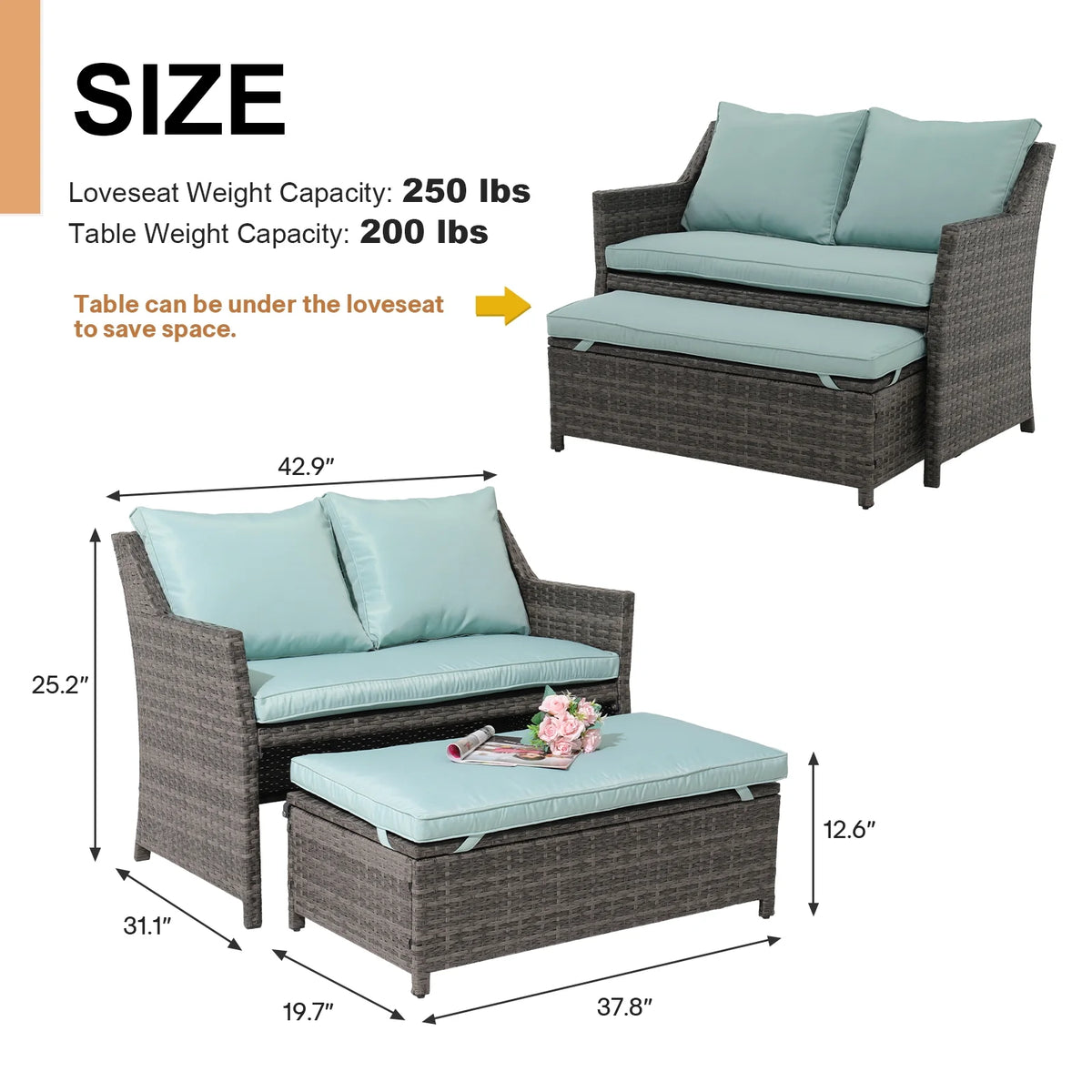 Outdoor Wicker Love Seat and Coffee Table Set, Weather Resistant Grey Rattan, Patio Furniture with Gray Cushions & Storage Bin