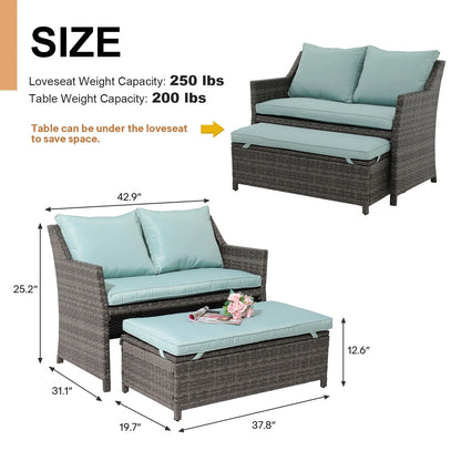 Outdoor Wicker Love Seat and Coffee Table Set, Weather Resistant Grey Rattan, Patio Furniture with Gray Cushions & Storage Bin