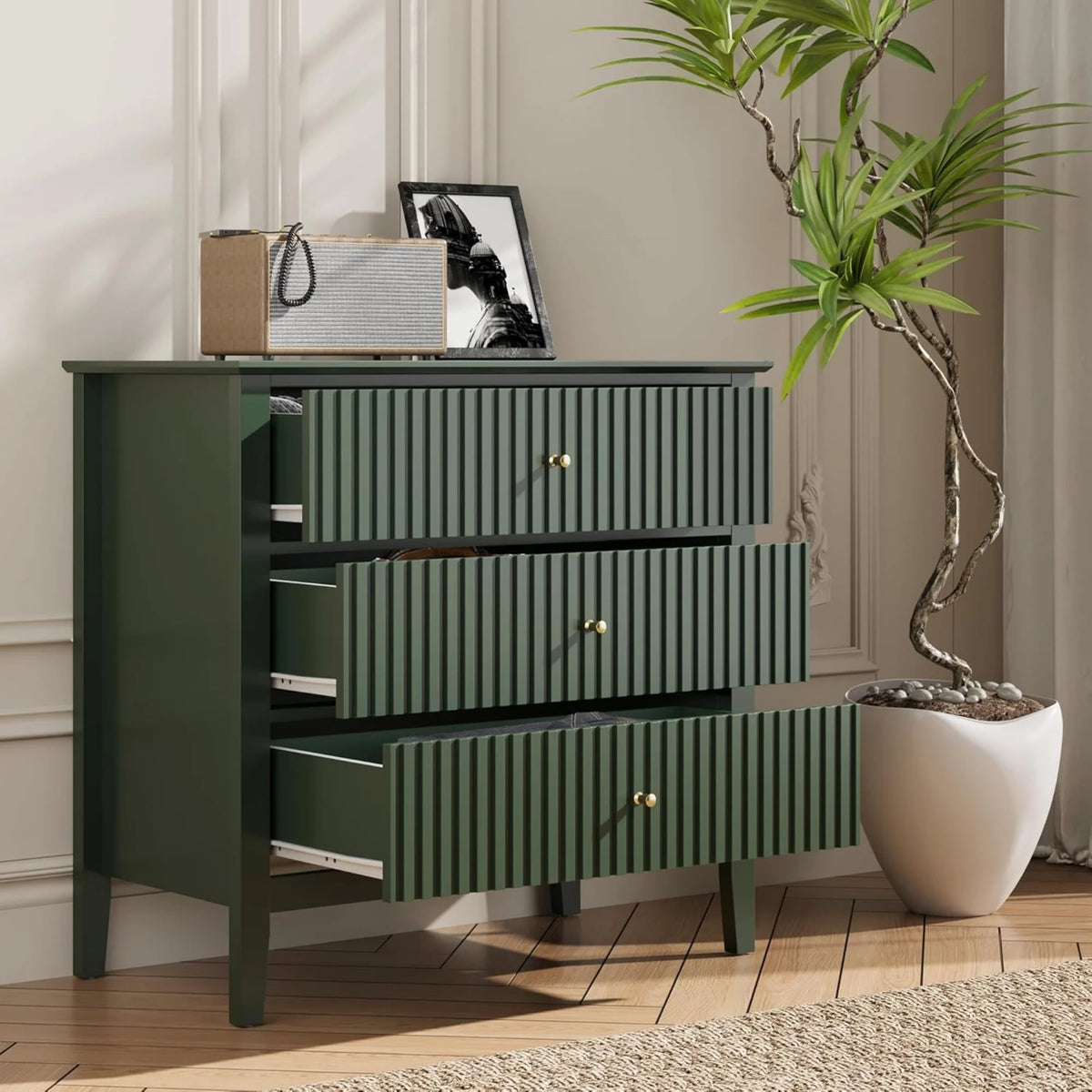 Heynemo Beige 6 Drawer Dresser, Fluted Modern Wood Chest