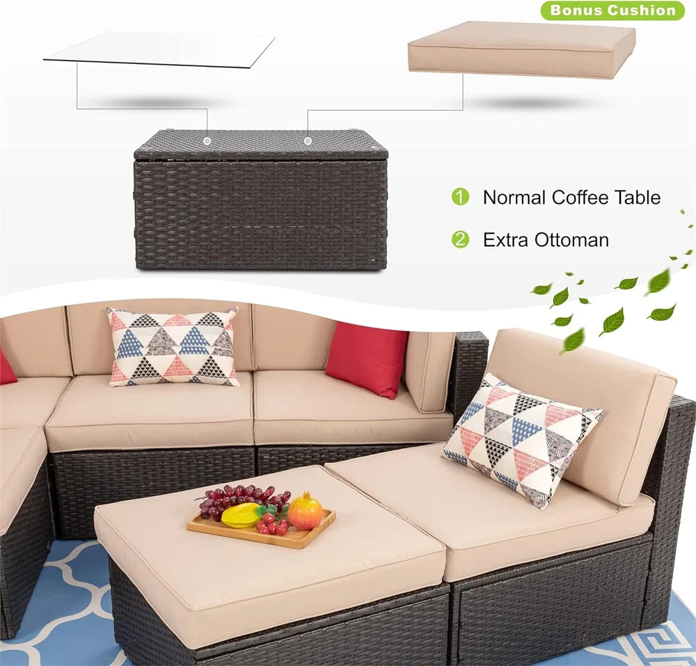 7 Pieces Outdoor Patio Furniture Set, Outdoor Sectional Rattan Sofa, PE Manual Weaving Wicker Patio Conversation Set with Cushion, Glass Table, Pillow, Dark Gray