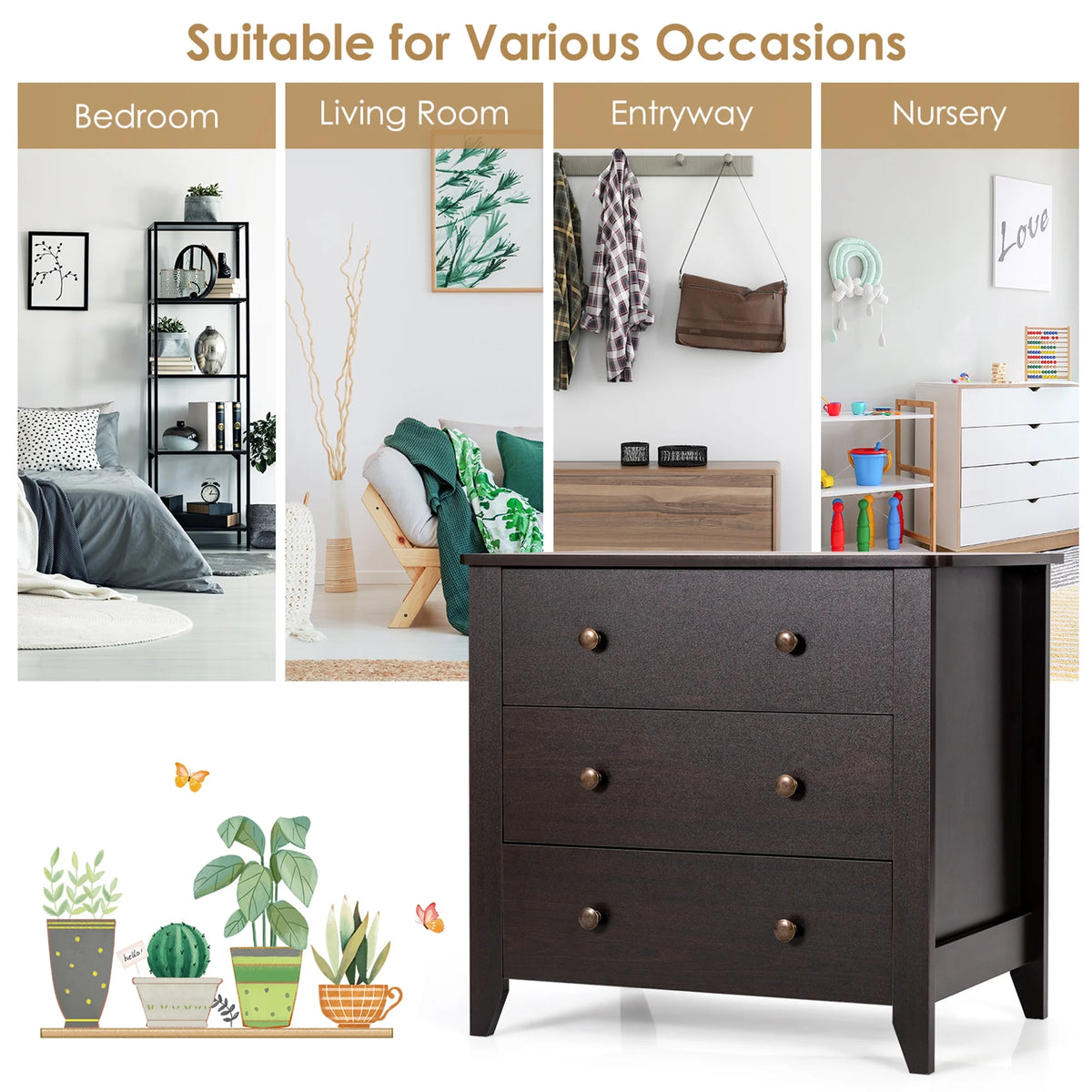 Gymax 3 Drawer Dresser Chest of Drawers Bedside Table for Living Room Bedroom Espresso