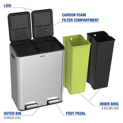 Tzumi Dual-Compartment Recycling Bin Stainless Steel Trash Can for Kitchen, 16 Gallon Total