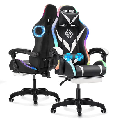 Hoffree Gaming Chair with Speakers PU Leather Office Chair with Footrest and LED Lights Ergonomic Gamer Chair with Massage Lumbar Support and Headrest Adjustable Swivel for Home Office 300lb