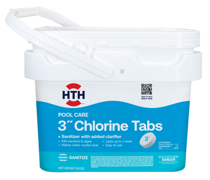 HTH Pool Care 3" Chlorine Tabs for Swimming Pools, Pool Chemicals, 25 lbs