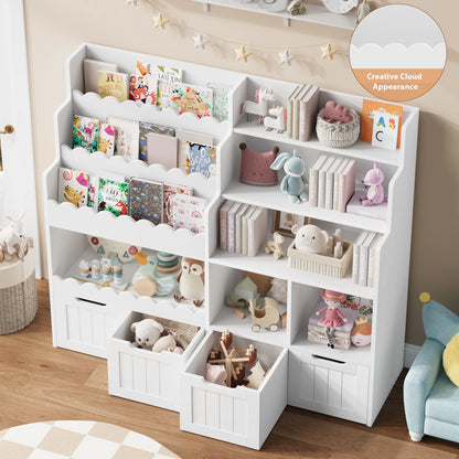 Hiphuta 47"Wide Large Kids Bookcase, Wood Bookshelf Toy Storage Organizer with Book Rack & Movable Boxes, White Bookshelf for Kids Room