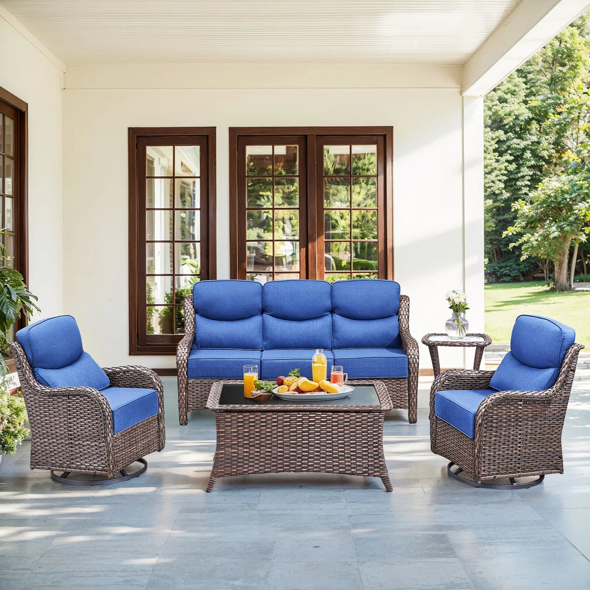 Bellefurn Luxury Outdoor Patio Furniture Set,Swivel Rocker Patio Chairs with 6-inch Thick Cushion,Patio Sofa and Glass Coffee Table,Outdoor Conversation Set for Porch, Deck, Yard