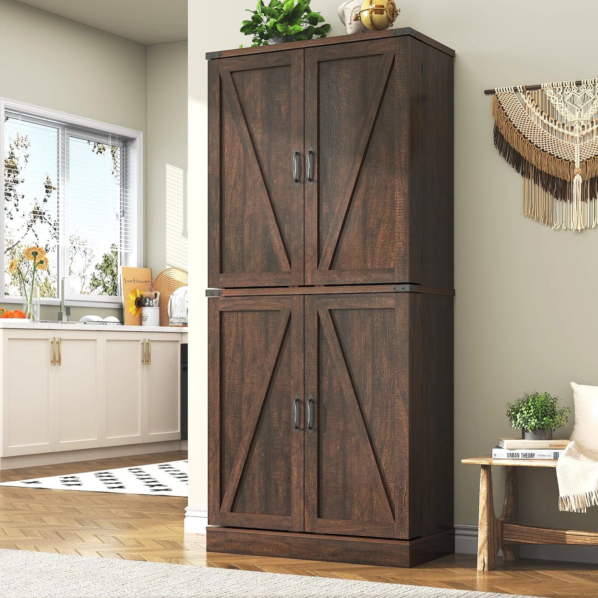 71" Tall Farmhouse Kitchen Pantry with 12 Side Shelves & Adjustable Shelves, 5 Layers Pantry Storage Cabinet w/Load-Bearing Steel Pipe & 4 Barn Doors for Kitchen, Dining Room, Living Room, Brown