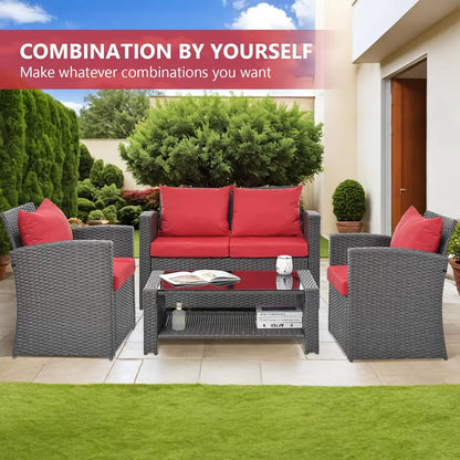 HighSound 4 Piece Patio Furniture Set, Outdoor Wicker Patio Sectional Sofa, All Weather PE Rattan Outdoor Sectional with Cushions & Coffee Table, Dark Gray