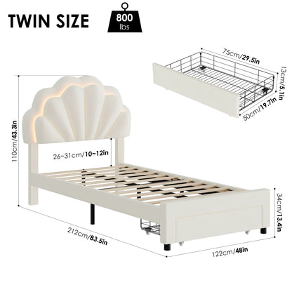Homfa Twin Bed Frame with Storage & LED Light, Velvet Upholstered Platform Twin Bed with Adjustable Petal Headboard, Beige