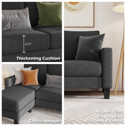 Homall Convertible Sectional Sofa Couch, Modern Linen Fabric L-Shaped Couch 3-Seat Sofa Sectional with Reversible Chaise for Small Living Room, Apartment and Small Space, Dark Gray