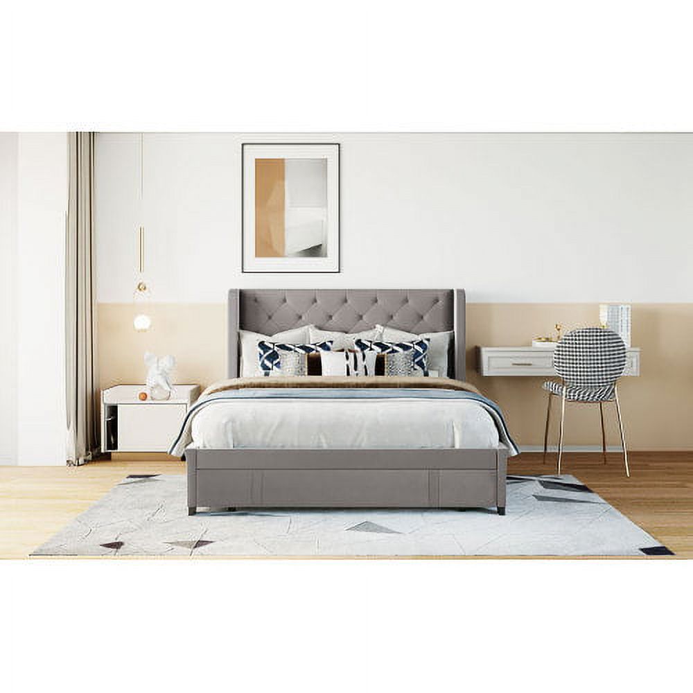 Queen Bed Frame with Storage Drawer, Velvet Upholstered Storage Bed, Wood Platform Bed Frame with Wingback Headboard and a Big Drawer(Beige)