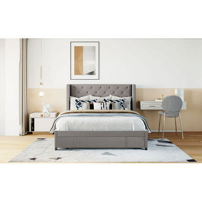 Queen Bed Frame with Storage Drawer, Velvet Upholstered Storage Bed, Wood Platform Bed Frame with Wingback Headboard and a Big Drawer(Beige)