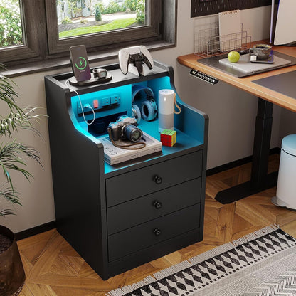 Nightstand with 3 Drawers and Shelves,Night Stand with LED Lights and USB Port Charging Station,LED Bedside Table with Hutch,Black