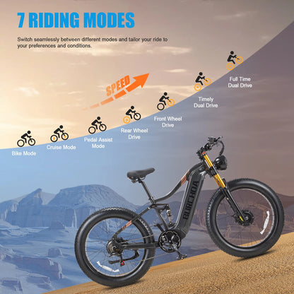 Dual Motors AWD 2000W Electric Bike for Adult 26'' UL2849 48V 30AH E-mountain bike 4.0 Fat Tire up to 35MPH&120Miles Long Range Off-road Ebike Dual Hydraulic Disc Brakes&Ful Suspension Electric Bicyc