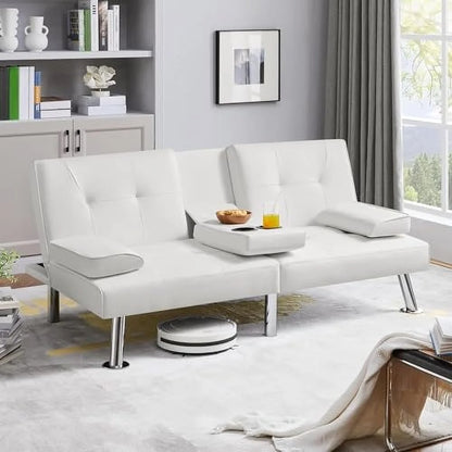 Convertible Folding Futon Sofa Bed Sleeper Couch for Living Room, Modern Faux Leather Upholstered Loveseat w/Removable Armrests, Metal Legs, 2 Cup Holders, Love Seat Sofa Bed for Small Spaces (Brown)