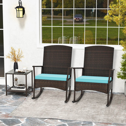 Costway Serenity 3 Piece Patio Rocking Wicker Rockers with White Cushions 2 Tier Coffee Table