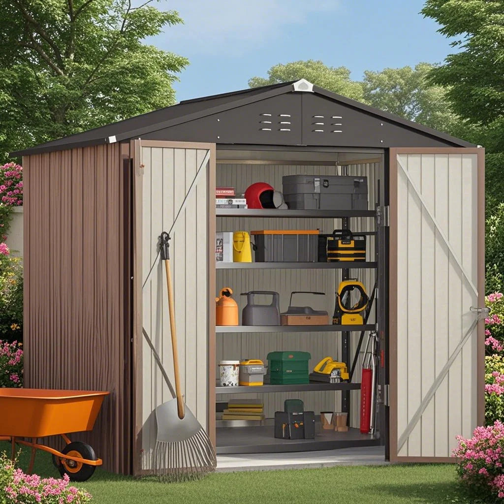 8x6 ft Outdoor Storage Shed on Sale, Sheds & Outdoor Storage with Lockable Doors, Metal Garden Shed by Durable Galvanized Steel for Patio, Lawn - Dark Gray