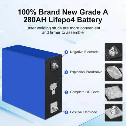 280Ah 3.2V Battery 4 Pack LiFePO4 Grade A Deep Cycle Lithium Iron Phosphate Rechargeable with Nuts and Bus Bars,8000-10000Life Cycles��Replacement Batteries for Solar Systems, Cars, RVs