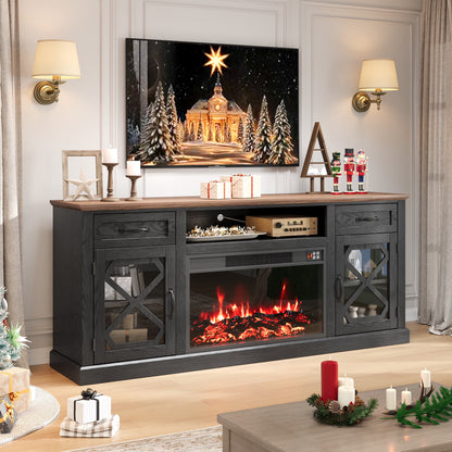 PAPROOS Fireplace TV Stand for 65 Inch TV, Modern Farmhouse TV Cabinet with 23'' Electric Fireplace, Entertainment Center Television Console Table for Living Room, Black+Brown