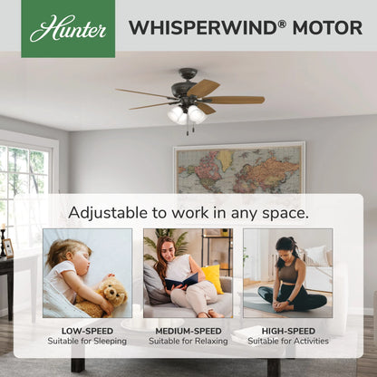 Hunter - Amberlin Indoor Ceiling Fan With Light, 52-inch, Brushed Nickel, Casual-style, 3-speed WhisperWind Motor, 53216, for Living Rooms, Bedrooms