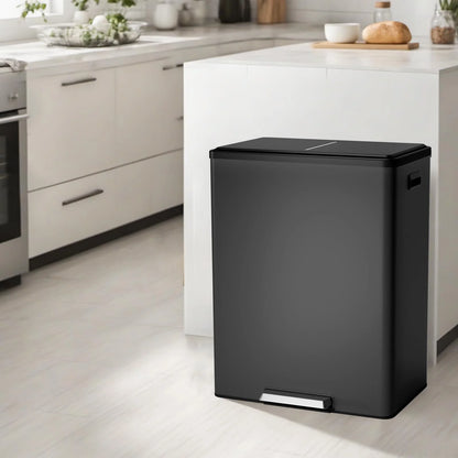 JoanKaren 16 Gallon Stainless Steel Dual Compartment Step Kitchen Trash Can with Lid & 2 Removable Wastebaskets,Kitchen Garbage Can & Recycling Bin,Black