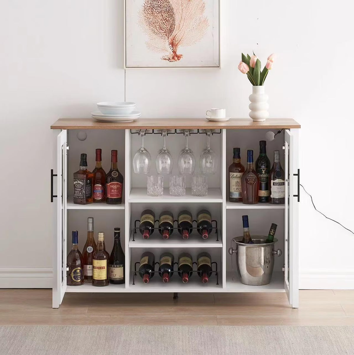 Faitaliicy Wine Bar Cabinet With Led Light Wine And Glass Rack Kitchen Buffet Sideboard Industry Coffee Bar Cabinet Freestanding Liquor Cabinet For Kitchen Dining Room Living Room