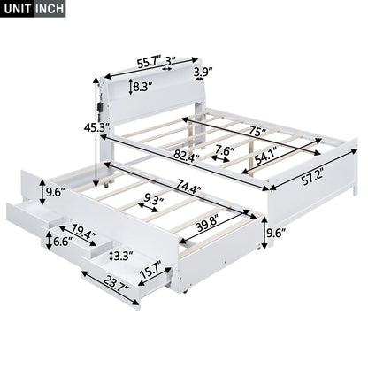Euroco Wood Twin Size Platform Bed with Storage Headboard, Drawers Trundle and LED Light, White