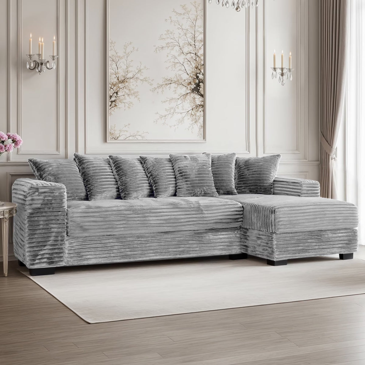 Advwin 110" Oversized L Shaped Sofa with Chaise, Comfy Plush 2-Piece L-Shaped Sectional Couches with 8 Pillows, Soft Fluffy Upholstered Sofa Bed for Living Room Apartment Bedroom, Light Gray