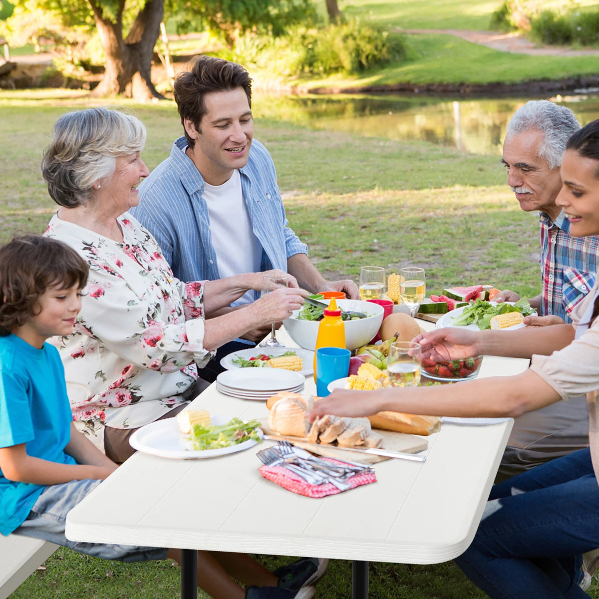 Costway Indoor & Outdoor Folding Picnic Table Bench Set w/ Wood-like Texture Grey