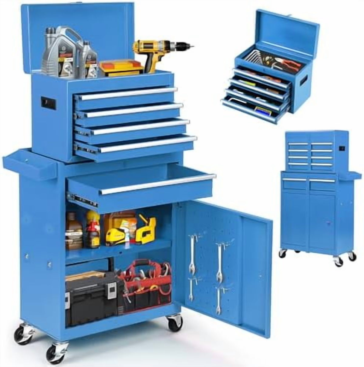 8-Drawer Rolling Tool Chest with Detachable Top Tool Box, Lockable Metal Tool Cabinet, and Liner, Heavy-Duty Storage Organizer with Wheels and 6 Hooks for Garage, Workshop, Green
