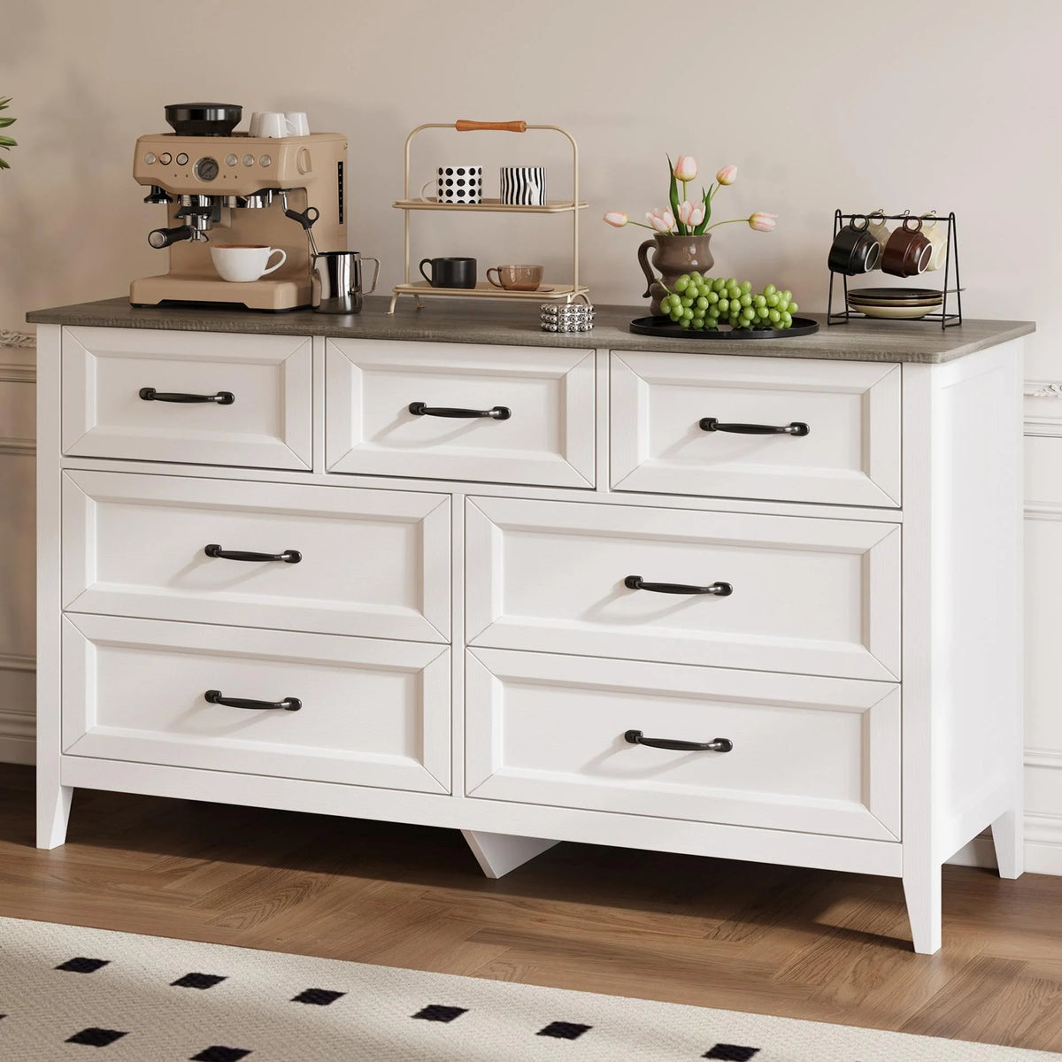Lofka 47.2" Dresser for Bedroom with 6 Double Drawers, Farmhouse Wood Storage Cabinet with Smooth Metal Handle