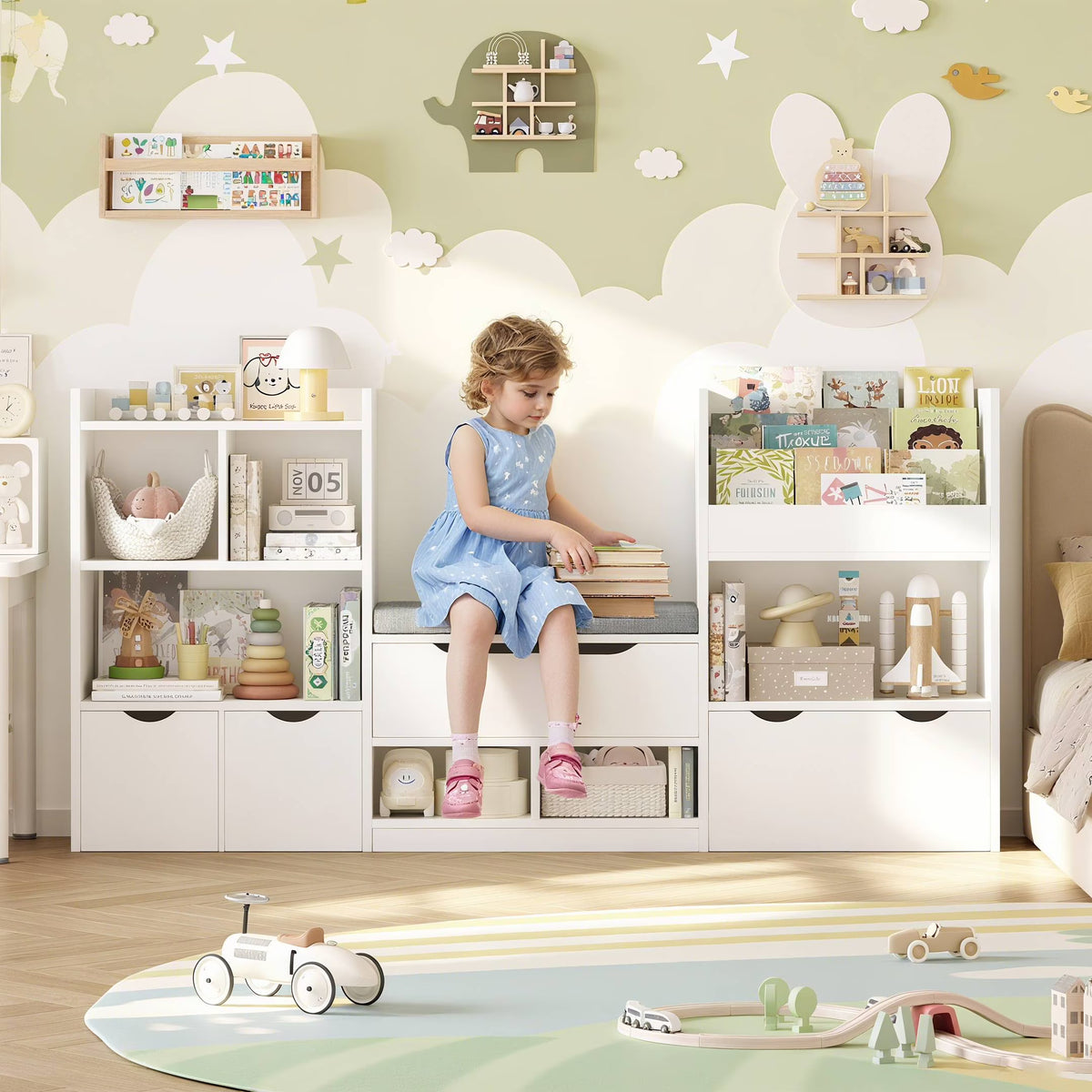 Hiphuta 72"Wide Kids Bookcase with Reading Nook and Under Bench Storage, Wooden Toy Storage Organizer & Book Rack for Kids Room, White