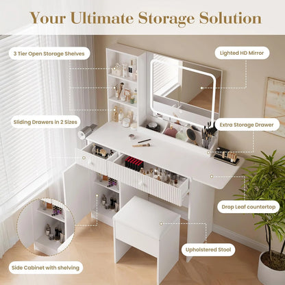 M optimized Vanity Desk with Mirror and Lights, Power Outlets Makeup Table with Drawers & Cabinet, Storage Stool, Dressing Table for Bedroom
