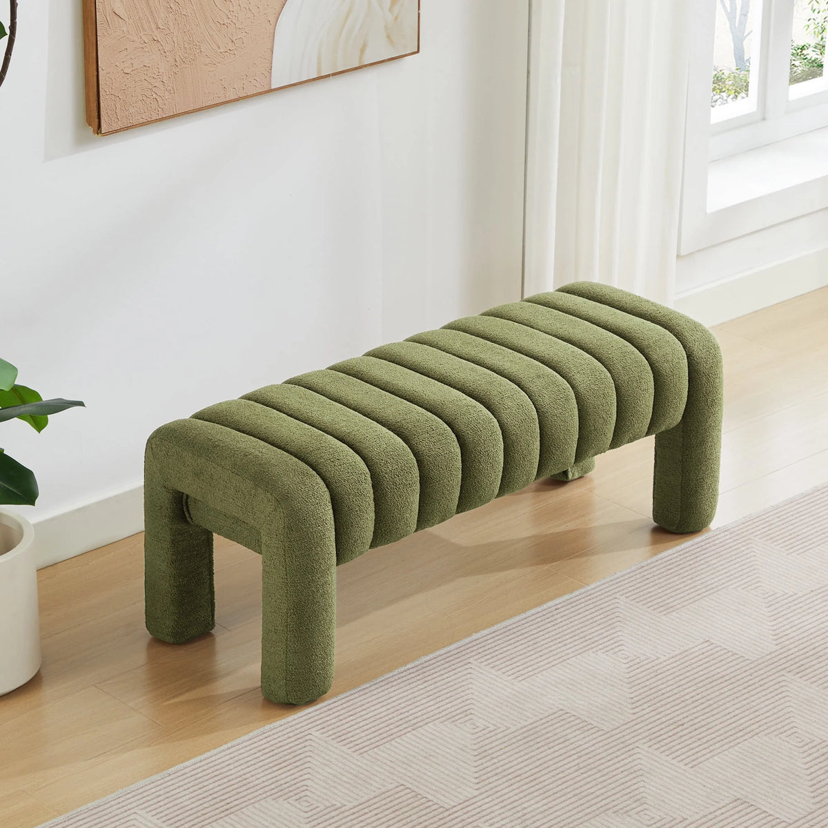 Zesthouse 63�� End of Bed Bench, Linen Tufted Upholstered Ottoman Bench with Padded Seat and Solid Wood Leg, Modern Entryway Bench for Bedroom, Living Room, Beige