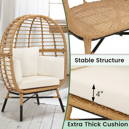 Skandiquip Oversized Rattan Adult Egg Chair, 360 Swivel, Outdoor Patio Chair with overstuffed Cushions, Indoor Large Wicker Egg Chair, Natural Rattan, Beige Cushion