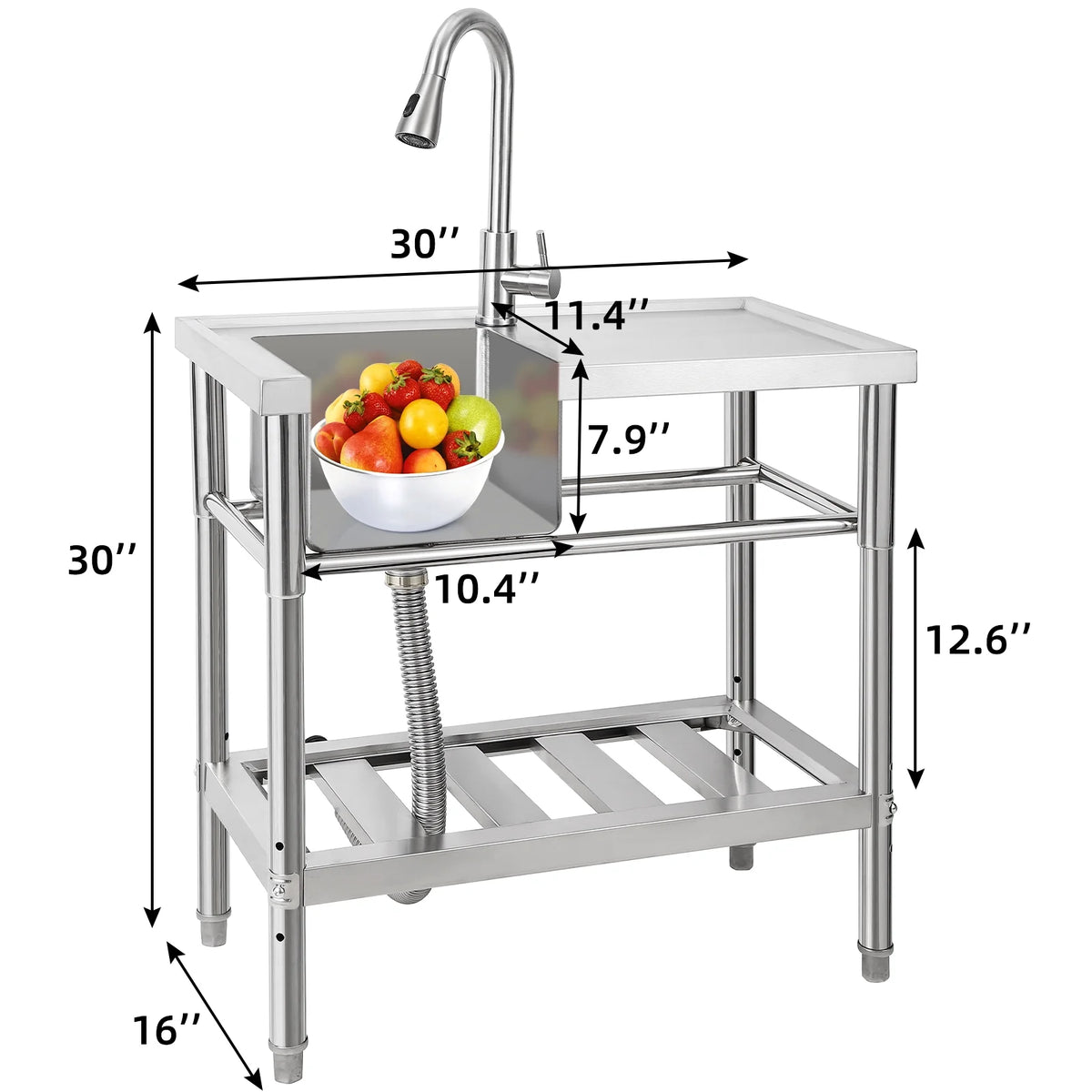 WPOND 30" Freestanding Utility Sink with Hot and Cold Faucet, Stainless Steel Sink with Workbench, Commercial Kitchen Single Bowl Sink for Garage, Restaurant, Kitchen, Laundry, NSF Certified