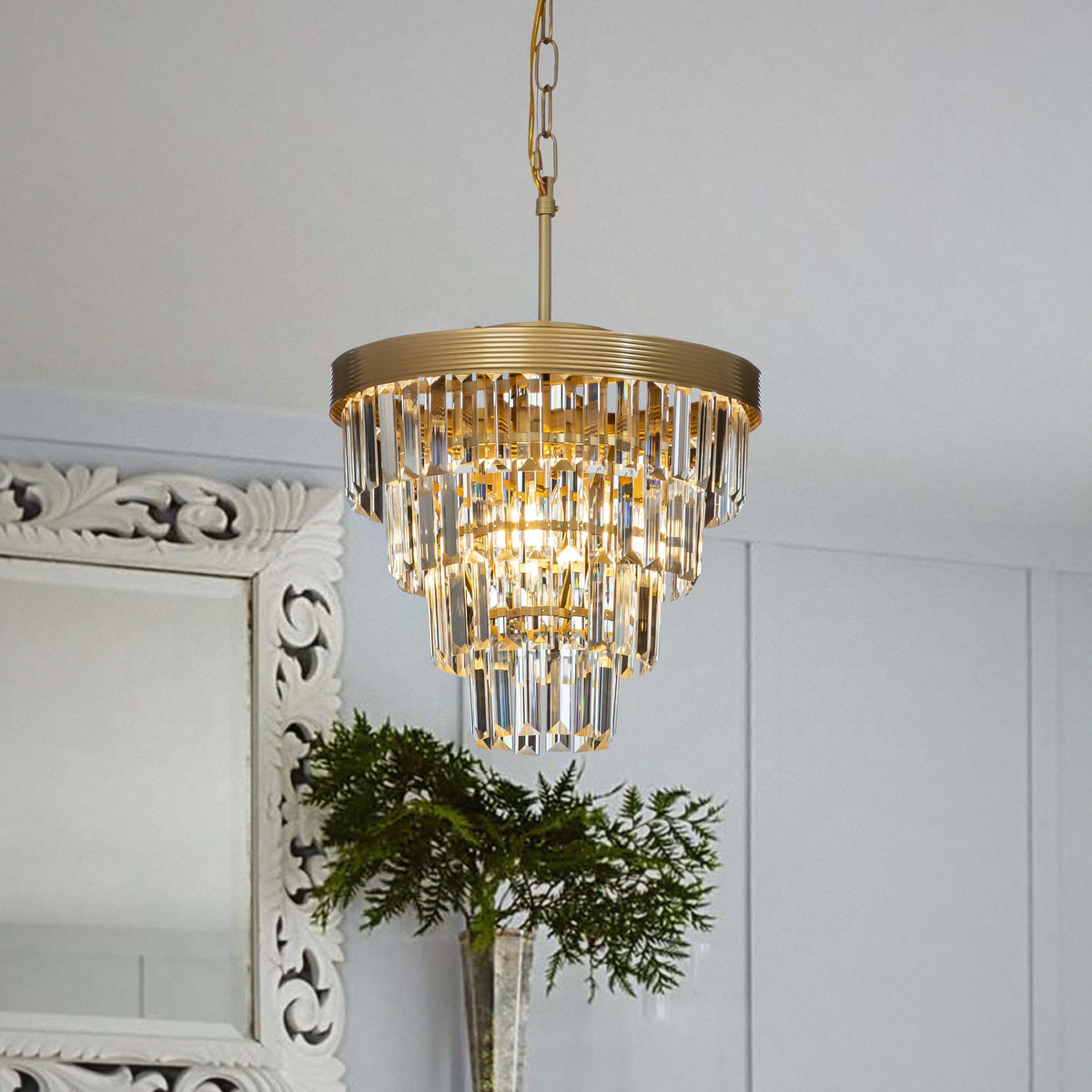 AloaDecor 3-Light 13" Cone Shape 4-Tier Crystal Chandelier Matt Black Painted 13 to 24 Inches Painted
